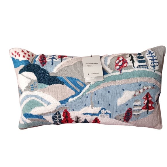 West Elm Pillow Winter Snow Scene Beaded Embellished Button Closure 20" x 11" - Picture 9 of 9